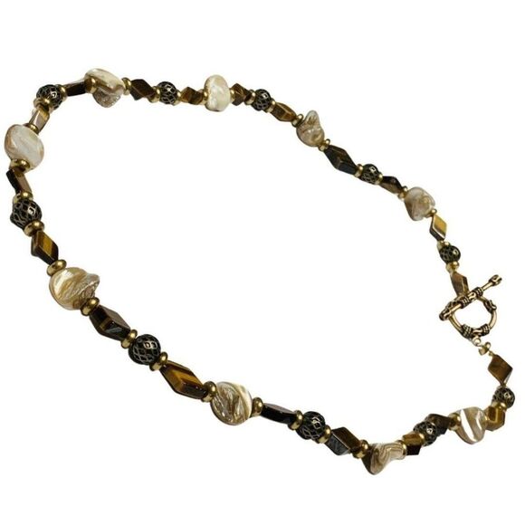 Vintage Abalone Shell Tiger Eye Beaded Brass Chain Summer Necklace 22in - Picture 5 of 7